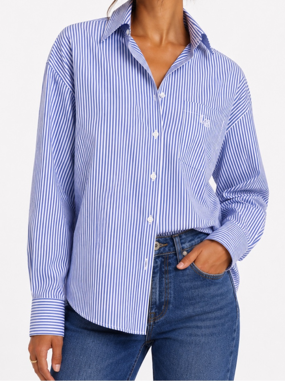 Lafayette 148 - Striped Button Down Long Sleeve Shirt - Blue White - Size M